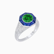 Art Deco Inspired Round Cut Ring with Octagonal Calibré-Cut Gemstone Halo - Shahin Jewelry